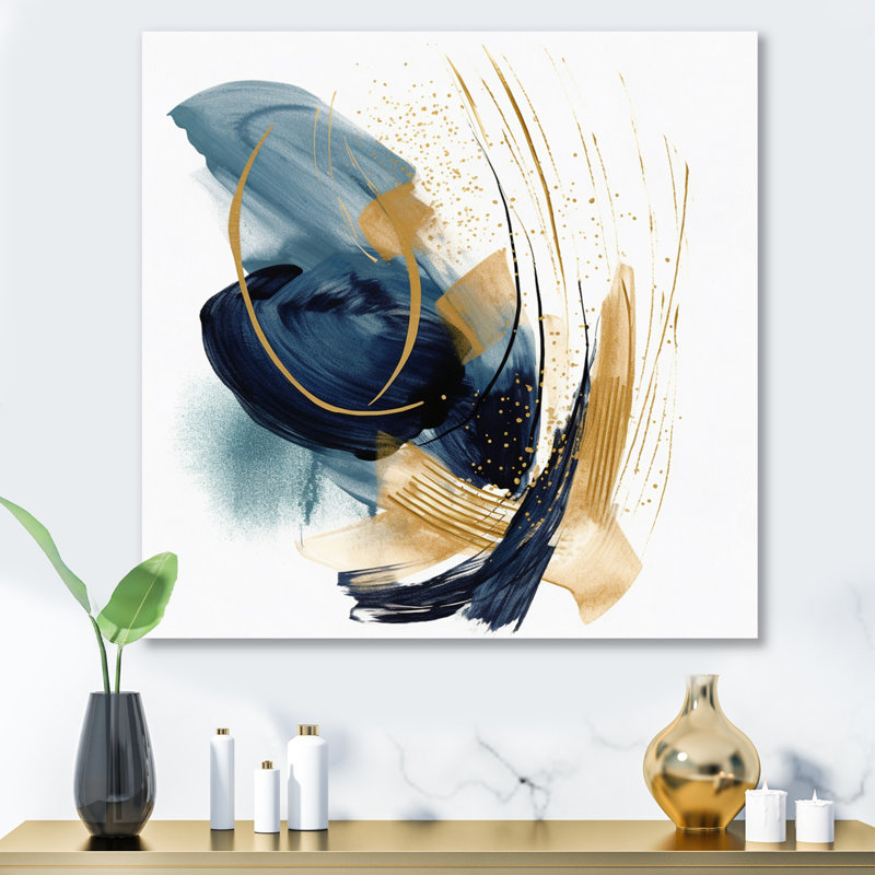 Bleu foncé et coups d'or XVII - impression sans cadre sur métal, H 16 po x l 16 po x P 1 po