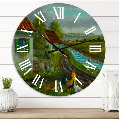 Three Chickens & A Cock In A Meadow With Flowers - Farmhouse wall clock