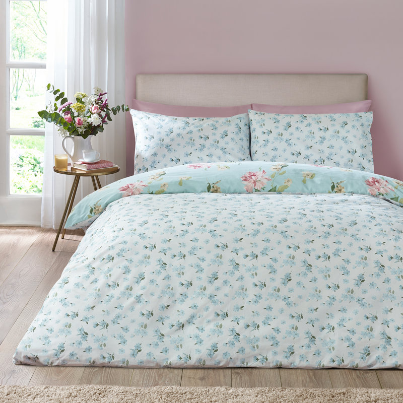 Avebury Floral Reversible Duvet Cover Set, Duck Egg Blue, King