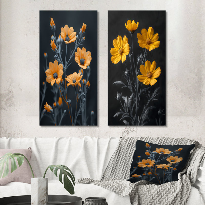 Reproduction murale 2 pièces en métal monochrome jaune et gris Grace II - botanique, H 32 po x l 32 po