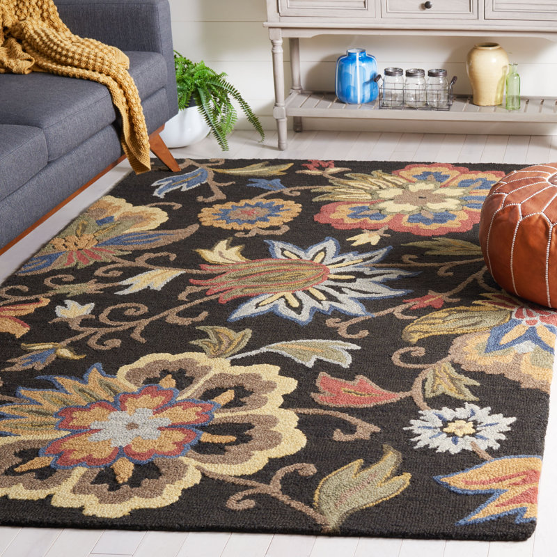 Tapis floral en coton touffeté à la main Blossom - jaune / noir, Rectangle 5 pi x 8 pi