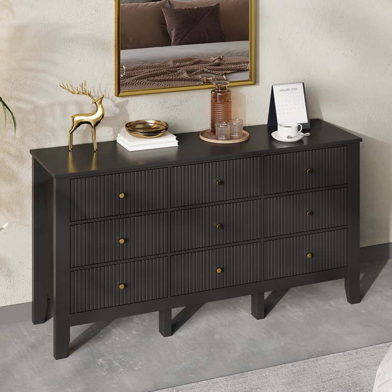  Valdir 57.3'' W Fluted Drawer Dresser, Wood Chest of Drawers, Black