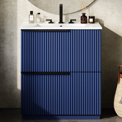 Meuble-lavabo de 30 po en bleu avec lavabo en céramique, tiroirs à extension, glissières à fermeture en douceur et surface résistante avec finition, double mécanisme de cloisonnement réfléchi