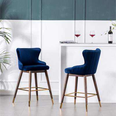 2 Of Blue Fabric Upholstered Counter Height Wingback Chairs, Thick Foam Cushioning, Velvet-Like Upholstery Material, Mid-Century Design Concept, Tapered Solid Rubberwood Legs