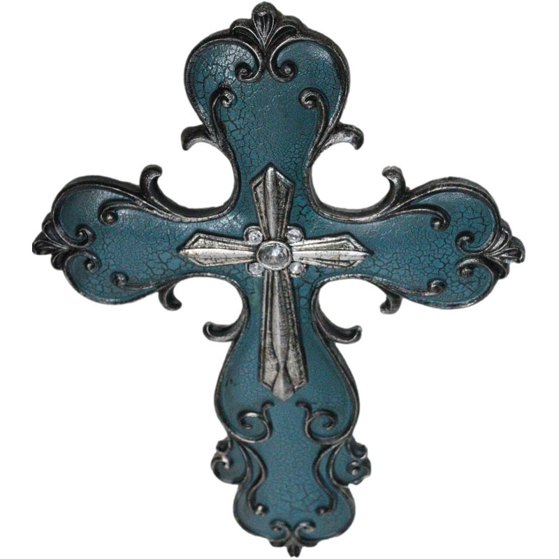 Croix murale de style sud-ouest rustique fleur de lys en turquoise