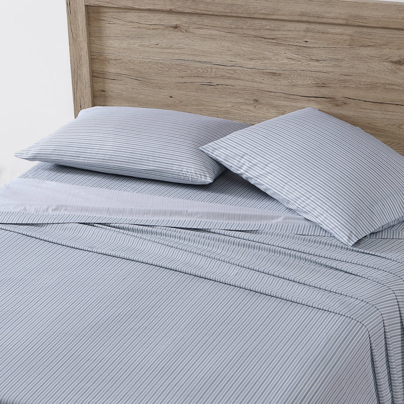 Shasta Lake Cotton Percale Standard Sheet Set, Queen Sheet Set with 2 Pillowcases, Ticking Stripe Blue