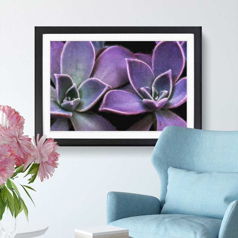 Lilac & Green Succulent Plant - Picture Frame Painting Print, 36cm H x 48cm W x 2cm D, Black Framed
