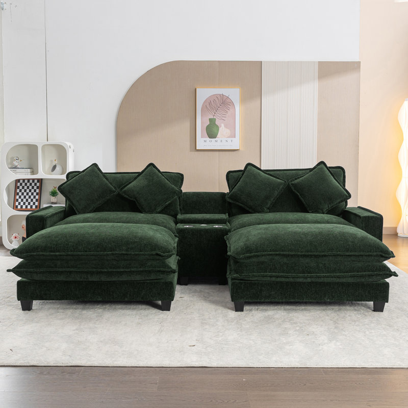 Canapé modulaire en chenille de 111 po avec deux repose-pieds amovibles, deux ports USB, deux porte-gobelets et une grande boîte de rangement pour le salon, vert