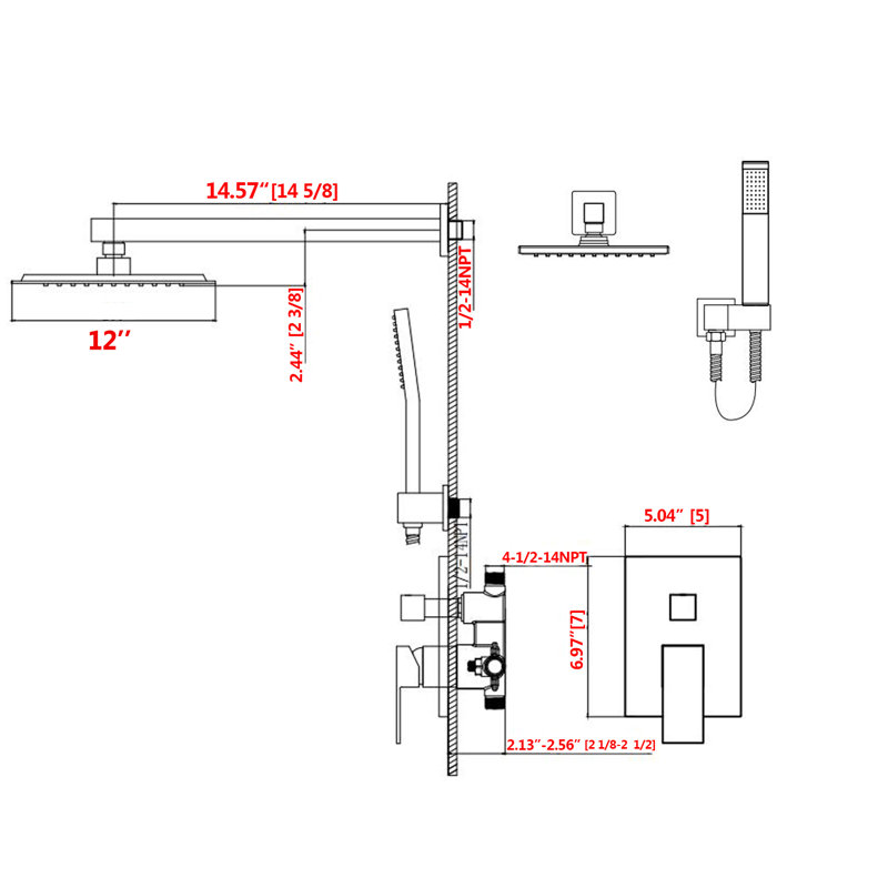 Système de douche complet de baignoire avec valve brute, Chrome, 12"