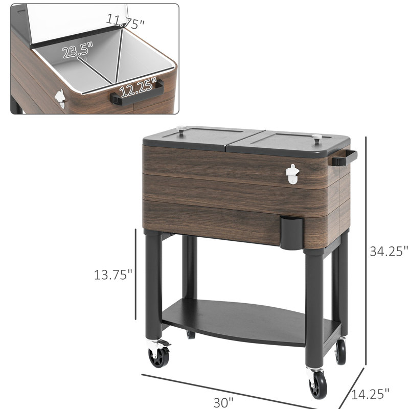 Chariot refroidisseur de patio 60 pintes - brun. Fabrication robuste avec roues verrouillables. Garde les boissons au frais pendant 36 heures. Ouvre-bouteille intégré et bouchon de drainage efficace
