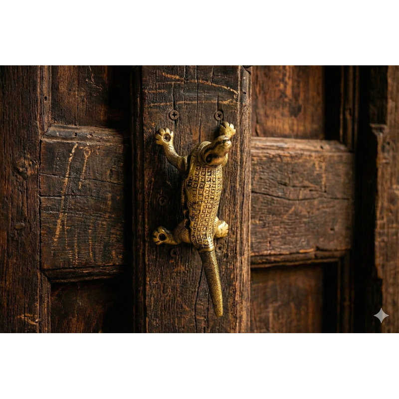 10.8" Brass Crocodile Door Knocker - Exotic Wildlife Design Front Door Hardware with Ferocious Detailing for Entryway Exterior Decor