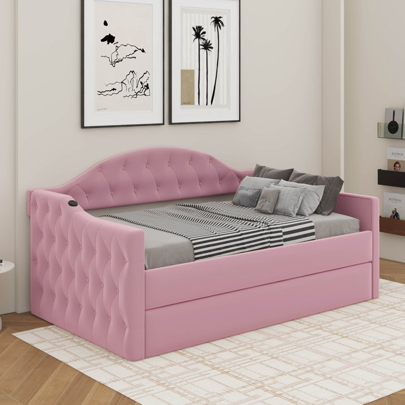 Twin Tufted Velvet Upholstered Daybed With Trundle, Pink