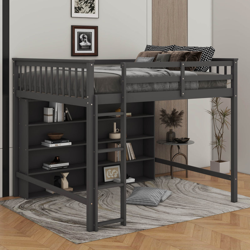 Lit mezzanine double avec tablettes de rangement ouvertes et échelle, Gris antique