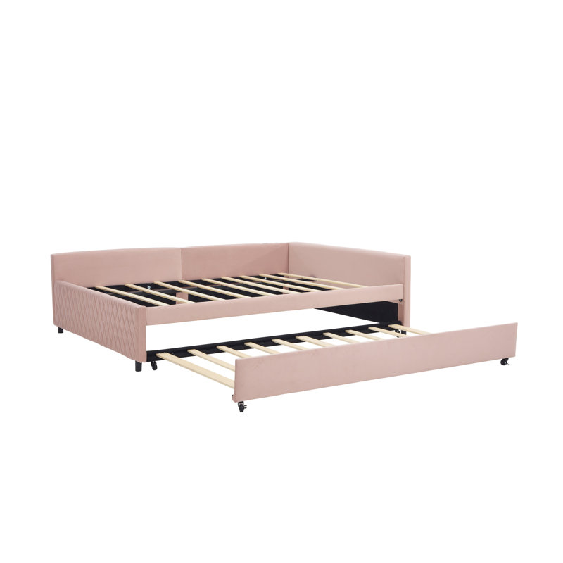 Lit de jour rembourré avec lit gigogne rose à motif de losanges polyvalent pour chambre à coucher et salon, stable et confortable
