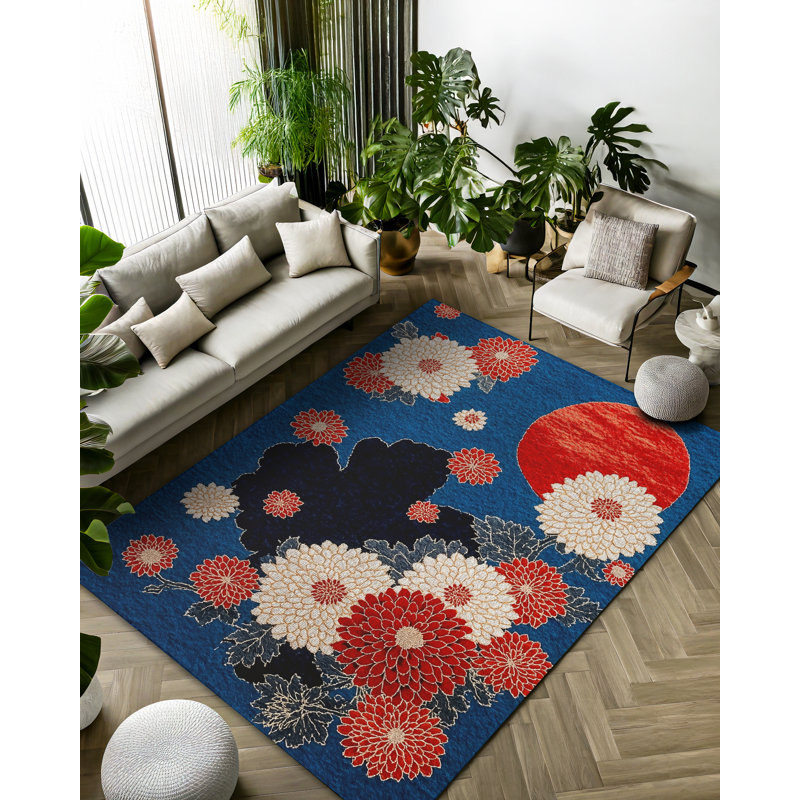 Isabel Collection Digital Print Cotton-Polyester Blue Floral Rug, Round 5'3"