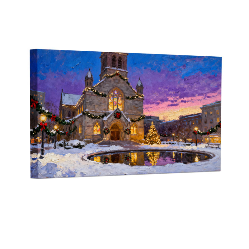 «Christmas Christmas Church Snowy Evening Reflections Lights Decorations», ensemble de 3 impressions sur toile