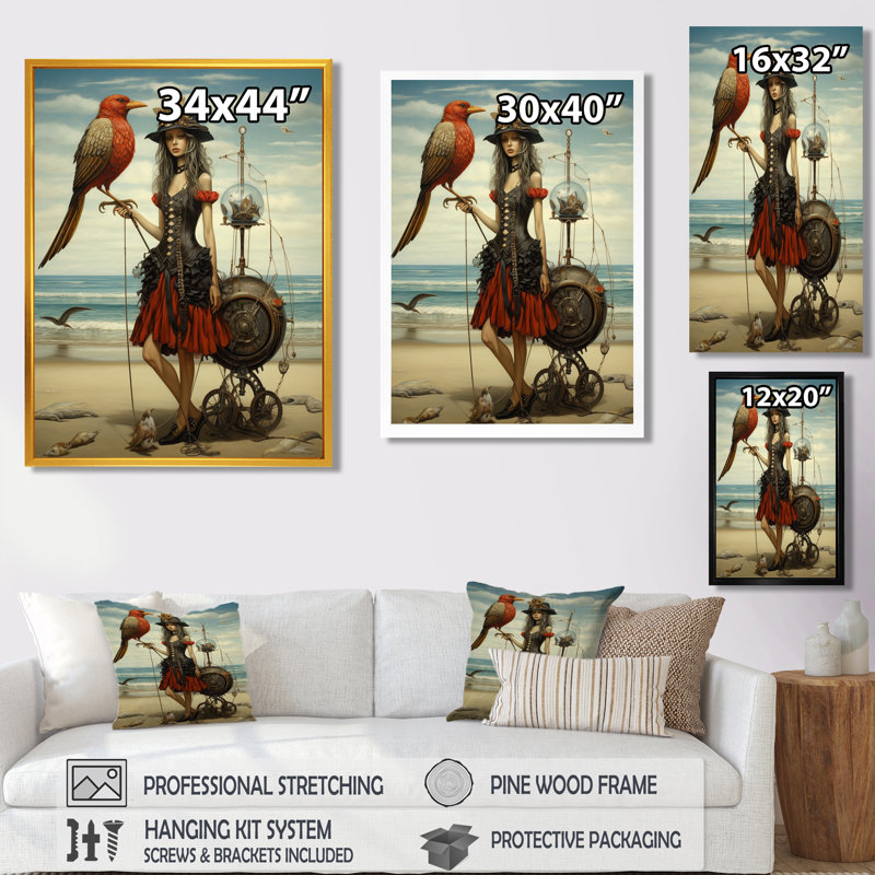 «Steampunk Lady with Bird At The Beach», art mural mode femme, Cadre flottant noir, H 20 po x l 12 po