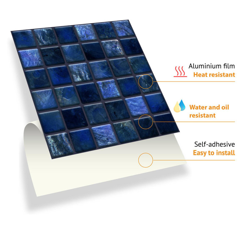 Metallic Self Adhesive Tile Sticker 15cm W x 15cm L Aluminum Film Peel and Stick, Dark Blue
