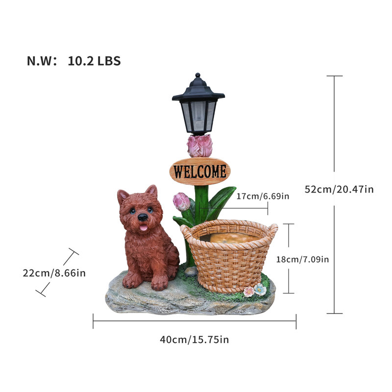 Sitting Puppy Solar Planter Outdoor Statue