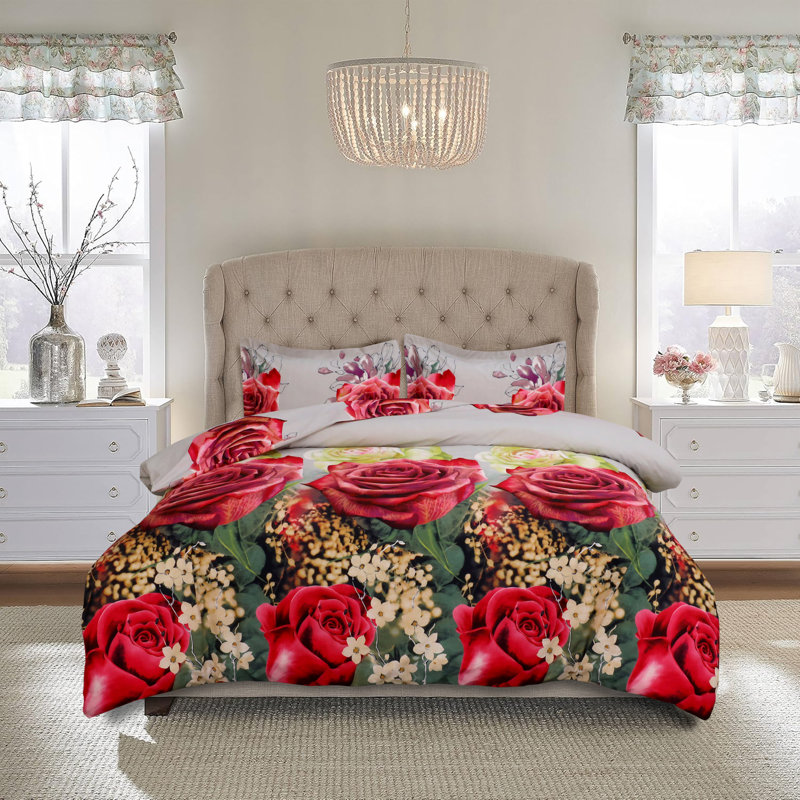 Aspire Homeware 3D-Printed Red Rose Complete Bedding Set With Pillowcases & Fitted Sheet