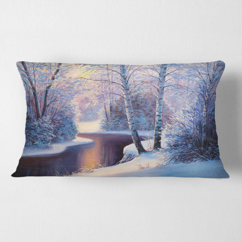 Rectangle, forêt de Noël avec rivière et arbres I - coussin décoratif traditionnel