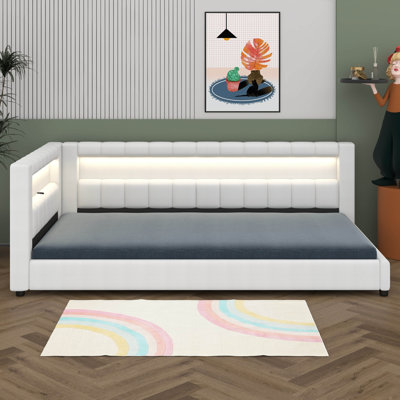 Modern Upholstered Platform Bed Frame With USB Ports,  Floor Sofa Day Bed With Storage Headboard