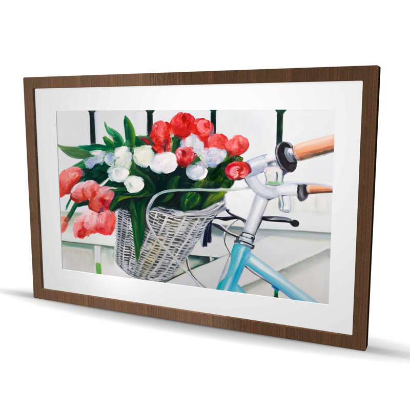 Vélo avec tulipes dans un panier - Reproduction encadrée pour la décoration, Brun