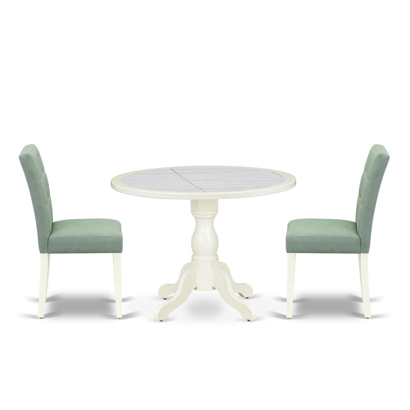 L'ensemble de table de salle à manger 3 pièces contient une table ronde et 2 chaises de salle à manger modernes en polyester vert avec dossier élégant - Blanc lin