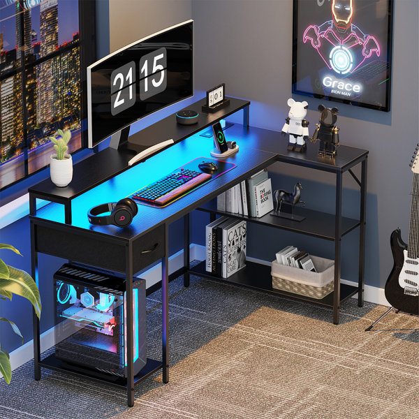 Gaming Desk, 55 Computer Desk with Hutch and Shelves, Gaming Desk with LED  Lights, Pegboard & Monitor Shelf, Large PC Gamer Desk Workstation for Home  Office, Gaming Table for Bedroom, Black 