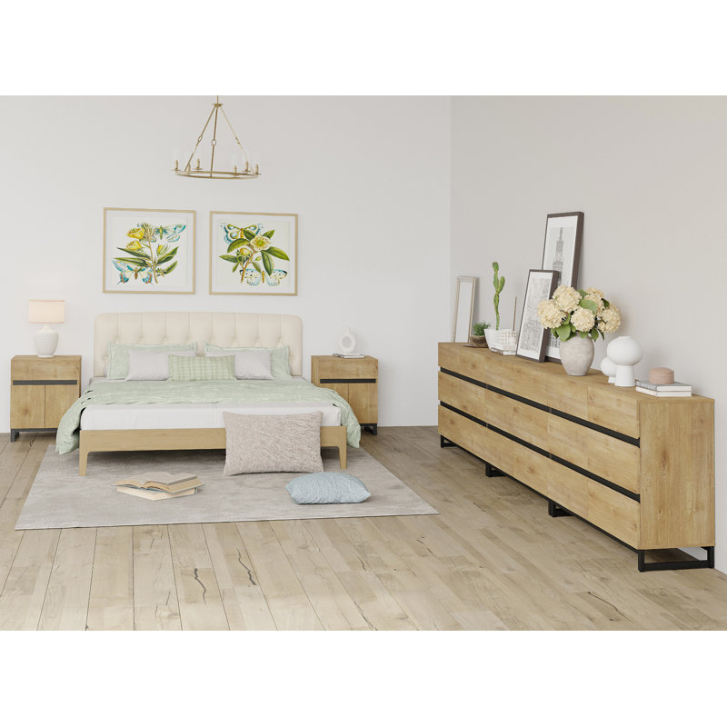 5-Piece Modern Bedroom Furniture Set, 142-Inch Dresser With 18 Drawers And 2 Nightstands Featuring Drawer And Cabinet Design, Bedroom Set Of 5