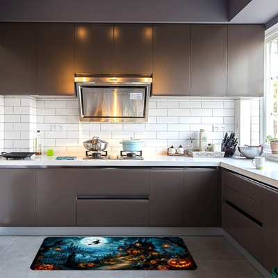 Tapis de cuisine Halloween Sorcière Lune Citrouille Maison, Tapis de cuisine en flanelle douce antidérapant, 43 x 119 cm