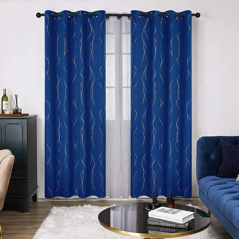 Senath Dotted Line Foil Printed Room Darkening Thermal Curtains, 168cm W x 229cm D, Royal Blue