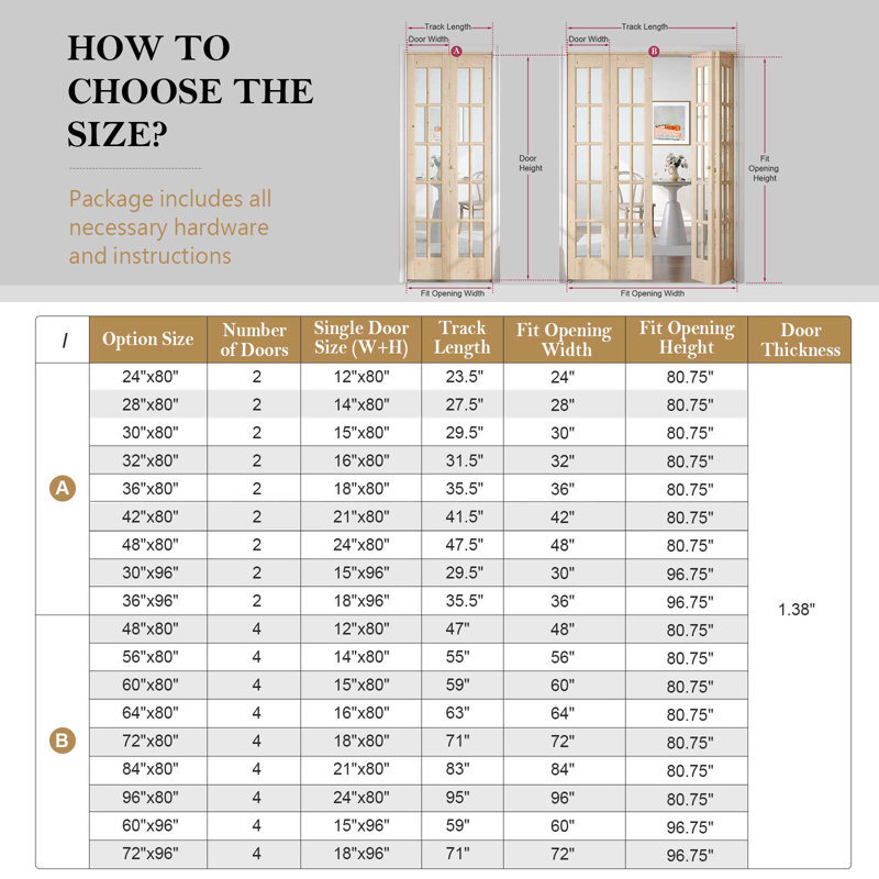 Glass And Solid Wood Bi-Fold Door With Installation Hardware Kit, 36" x 96"