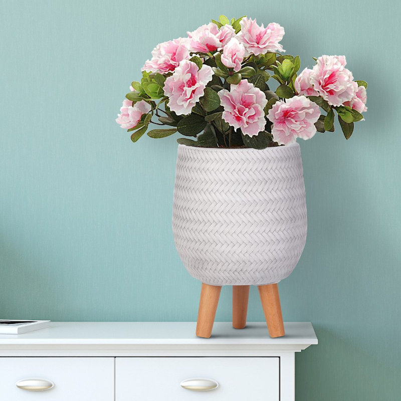 Concrete Effect Planter on Hardwood Legs, Round Indoor Plant Pot Stand for Indoor Plants, Indoor Flower Pot with Plaited Pattern