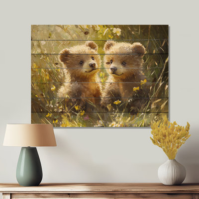 Bear Cubs Playing In The Meadow - Bear Wood Print - On Natural Pine Wood