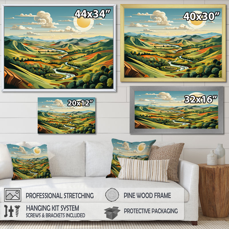 Multicolore «Bold Country Side Landscape III - Meadow», art mural, Cadre flottant doré, H 16 po x l 32 po x P 1 po