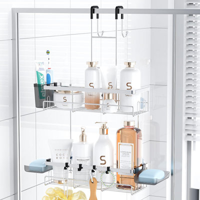 Organisateur de porte de douche au-dessus de la porte - Rangement de salle de bain suspendu antirouille sans installation de perçage, conception à 2 niveaux de grande capacité, ventouses robustes et silicone antidérapant