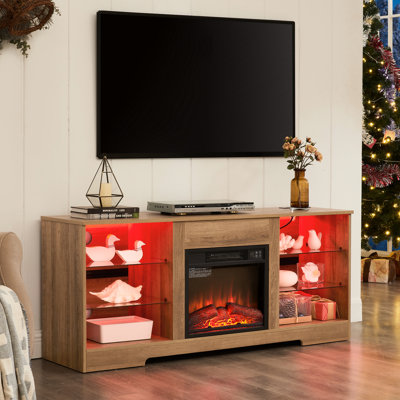 Meuble télé foyer 3D, chêne, compatible avec les téléviseurs jusqu'à 62 pouces, avec console électrique et vitesse de combustion de flamme réglable. Finition en chêne.