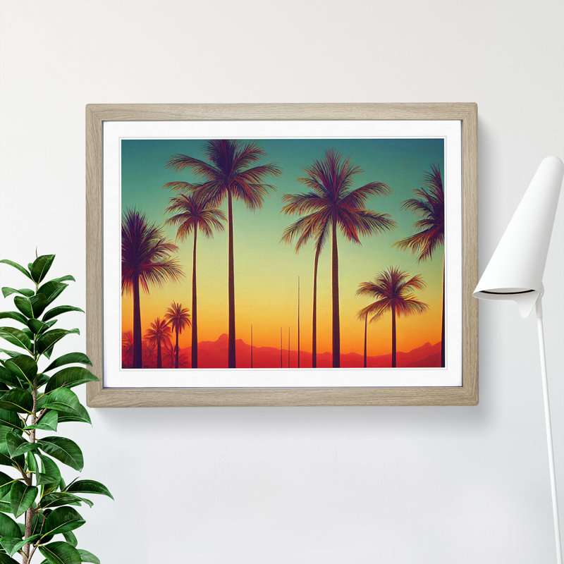 Bewitching Palm Tree Sunset - Single Picture Frame Print, 46cm H x 64cm W x 2cm D, Oak Framed