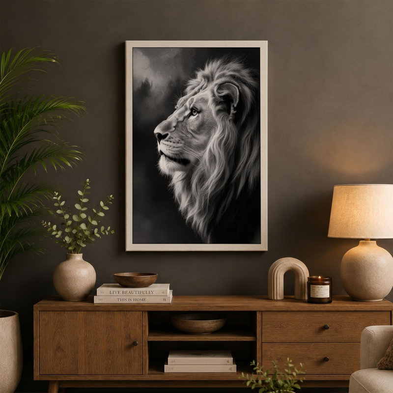 Lion in Profile Minimalist - Wrapped Canvas, 18x12 - 45.7 x 30.5 cm, Taupe Border