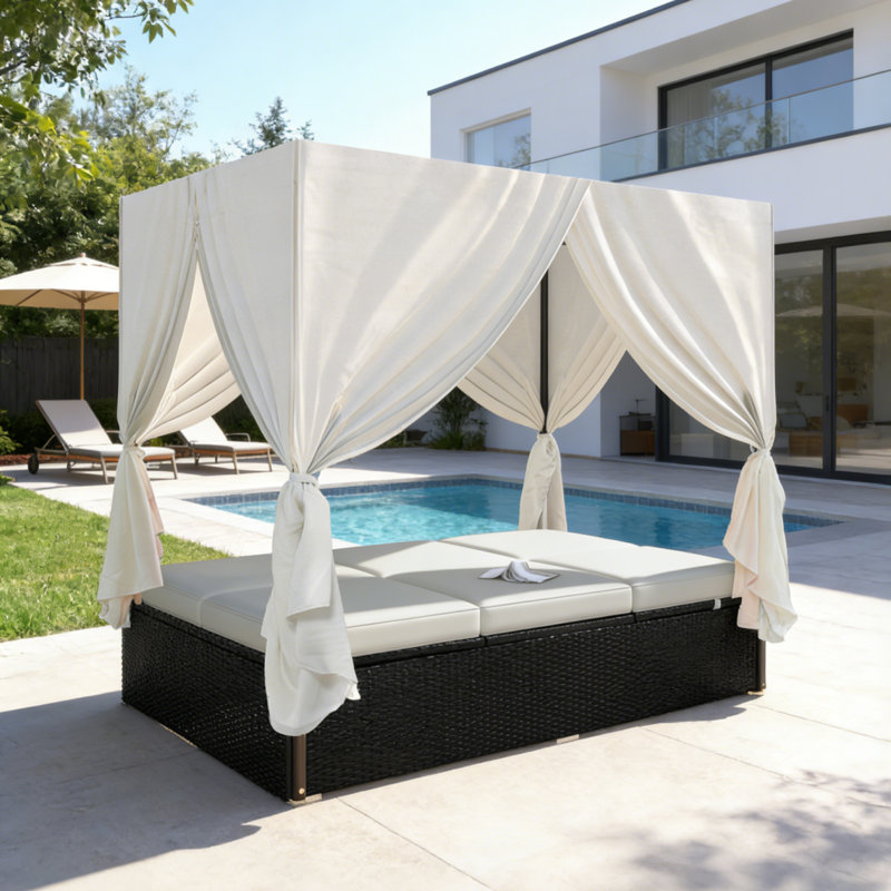 PE Rattan Outdoor Daybed With 3 Color Options Privacy Curtains & Water-Resistant Cushions For Patio & Poolside, Beige