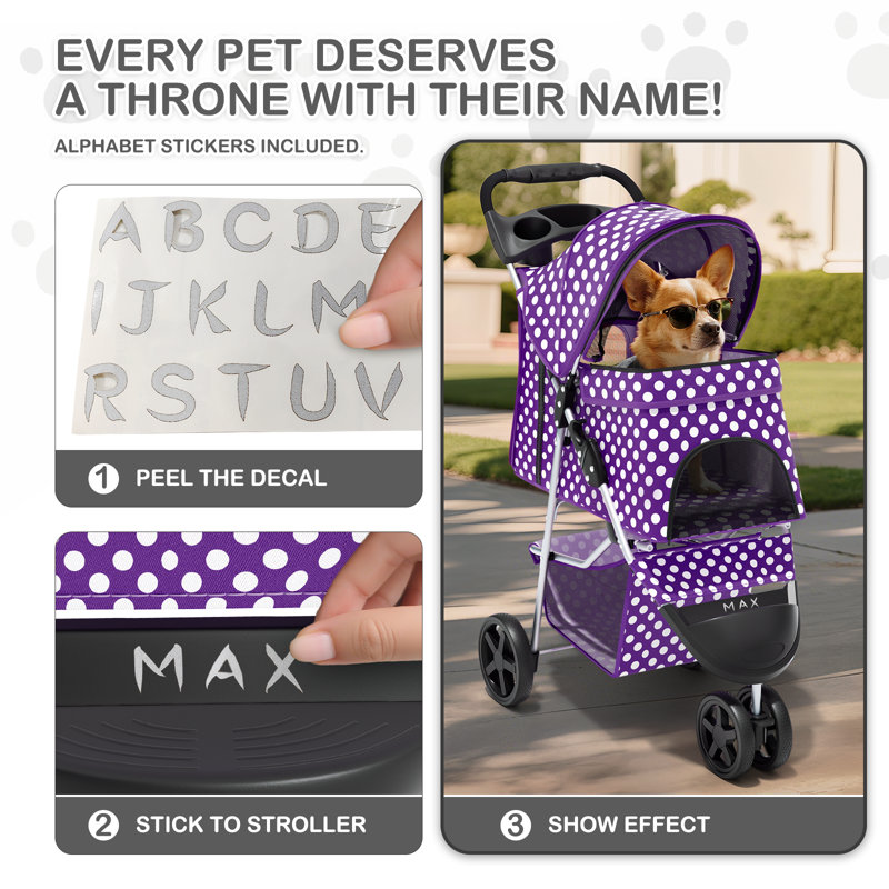 Foldable Pet Stroller, 3 Wheels Folding Carrier Jogger Stroller for Dogs Cats with Canopy and DIY Stickers, Purple/Dots