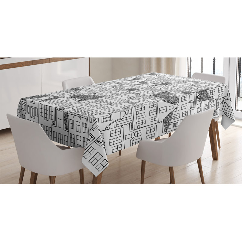 Urban Tablecloth, Modern Illustration Of Dutch Style European Houses Buildings Busy Urban Life Sketch, Rectangular Table Cover For Dining Room Kitchen Decor, 52" X 70", Black White