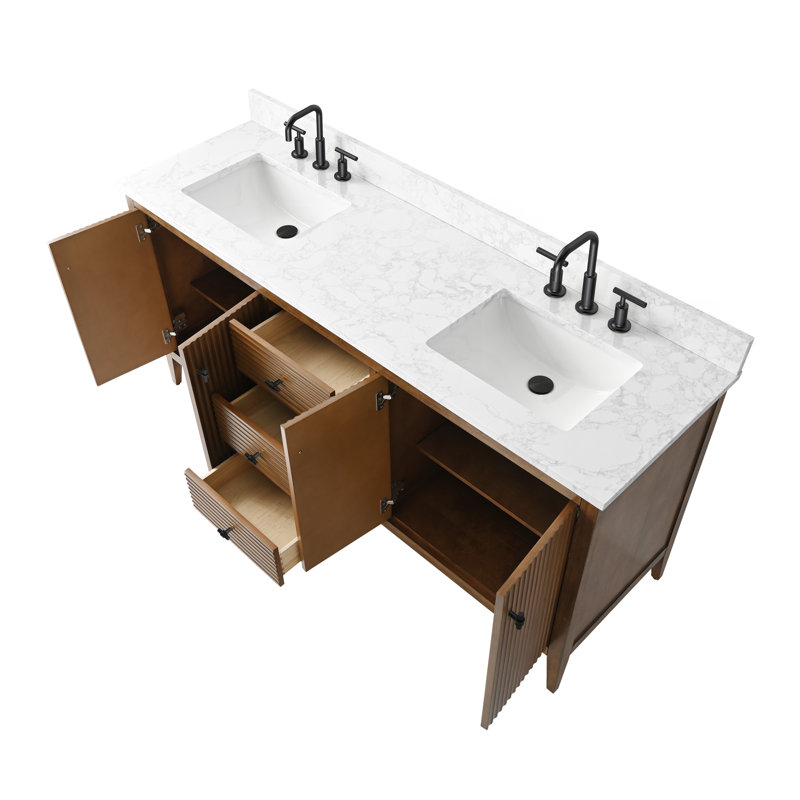 Ensemble de meuble-lavabo autoportant à double cuve 72 po avec plateau en marbre Lavallon, Noyer linéaire, Noir mat