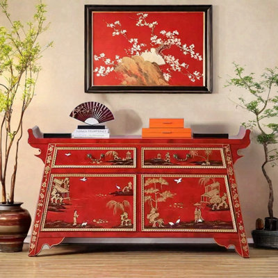 Hand-Painted Vintage Red Entryway Accent Cabinet
