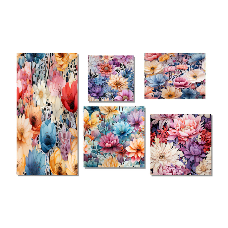 Etter - Ensemble de 5 impressions sur toile florales, Toile tendue