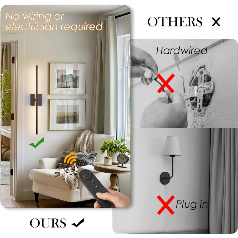 Battery Operated Wall Sconces with Remote Control, Dimmable Wall Sconces Set of Two, 350°Rotate, Matte Black