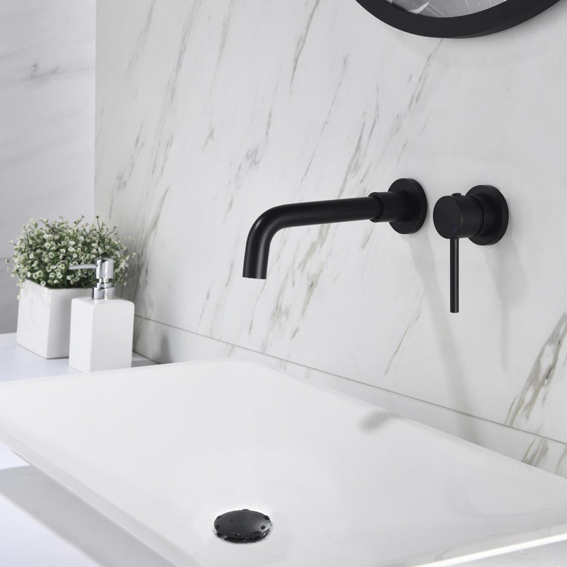 Wall Mounted Single Handle Bathroom Sink Faucet with Pop-Up Drain (No Overflow)