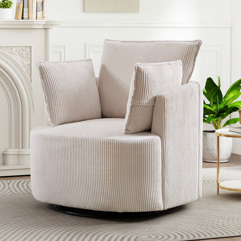 33.86'' Wide Contemporary Soft Upholstered Swivel Barrel Chair With Two Accent Pillows, Beige