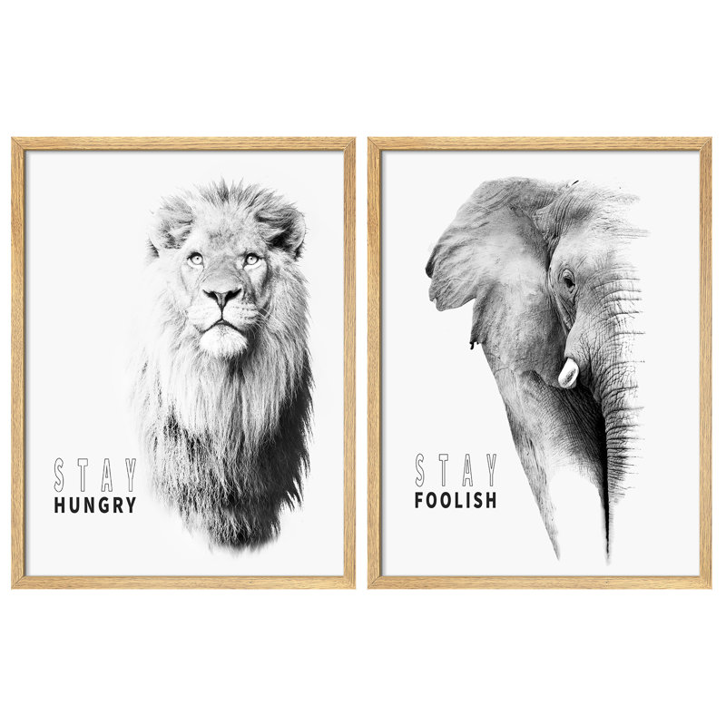 «Stay affamé, Stay foolish lion and Elephant animaux», art mural encadré noir et blanc moderne, Naturel, H 14 po x l 11 po